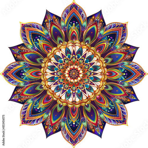 Obraz na płótnie Symmetrical and colorful mandala, detailed geometric patterns glowing on a white background. w salonie
