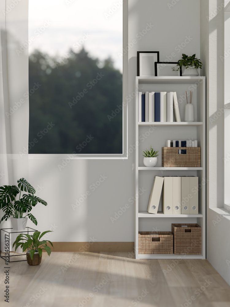 Fototapeta premium A minimalist room features a shelf, parquet floor, houseplants, and a white wall.