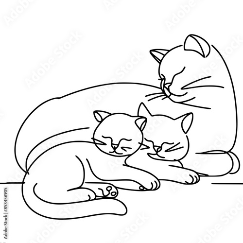 a cat sleeps with kittens next to it, made in a linear pattern, creating an atmosphere of peace and family comfort, vector single-line drawing