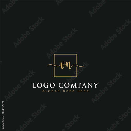 Initials signature letters VN linked inside minimalist luxurious square line box vector logo gold color designs for brand, identity, invitations, hotel, boutique, jewelry, photography or company signs