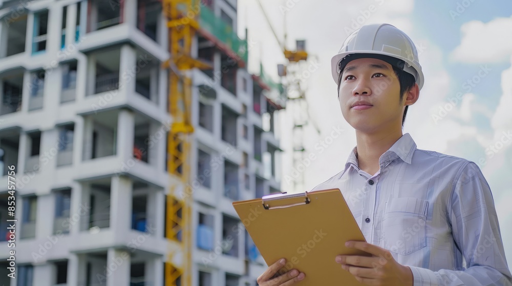 Determined Asian engineer with a clipboard and helmet planning logistics at a construction site Determined Asian engineer with a clipboard and helmet planning logistics at a construction site