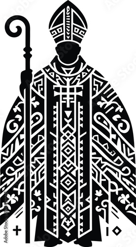 bishop Christianity in silhouete with Polynesian ethnic pattern illustration