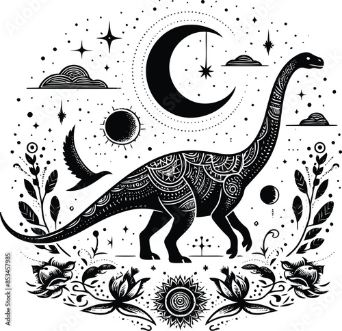 brachiosaurus in silhouete with bohemian nature pattern illustration