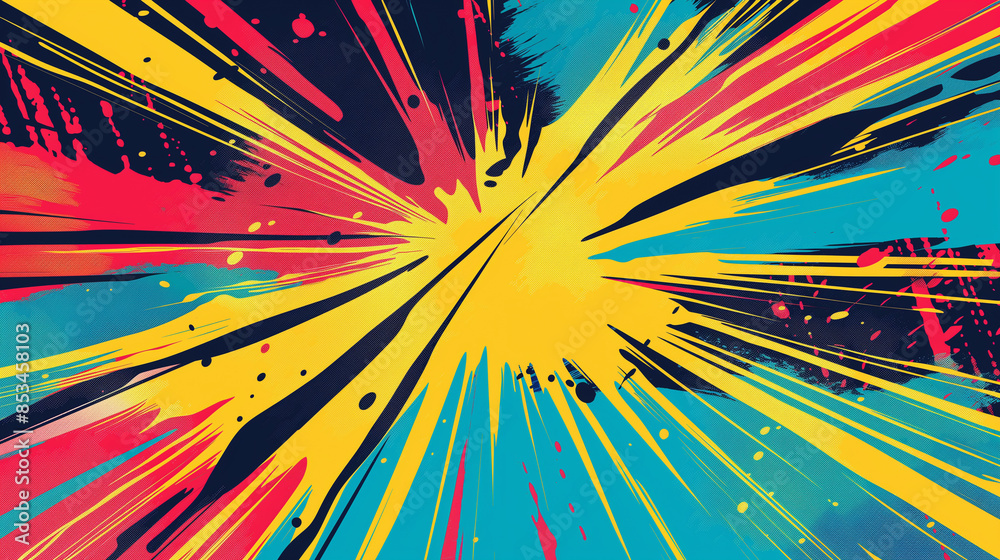 A colorful explosion of paint splatters with a yellow center A colorful explosion of paint splatters with a yellow center