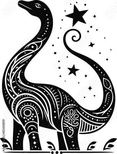 brachiosaurus in silhouete with bohemian nature pattern illustration