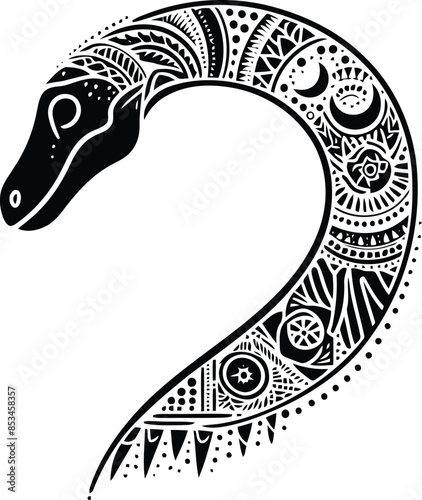 brachiosaurus in silhouete with bohemian nature pattern illustration