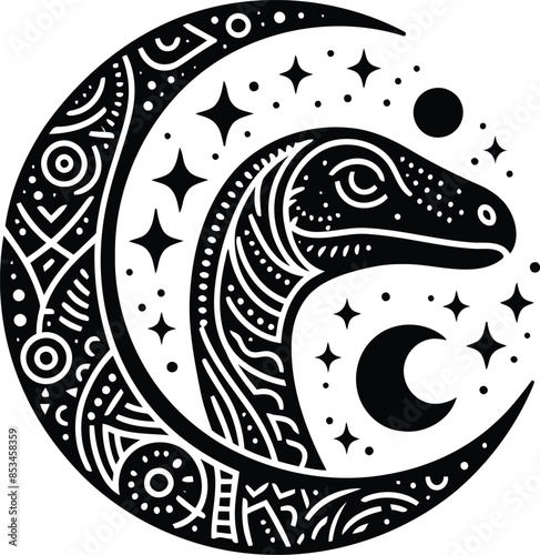 brachiosaurus in silhouete with bohemian nature pattern illustration