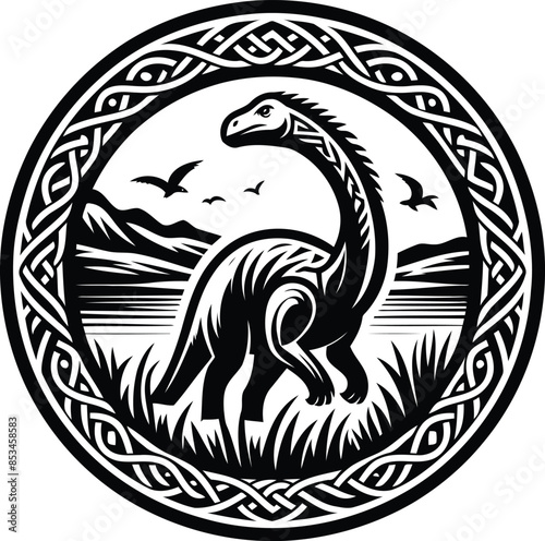 brachiosaurus in silhouete with celtic knot pattern illustration