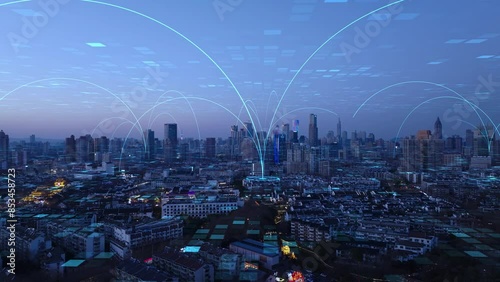smart Connected city skyline. Futuristic network concept, city Technology