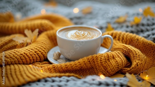 A cup of coffee on a cozy knitted blanket with autumn leaves, creating a warm and inviting atmosphere.