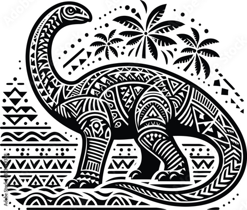  brachiosaurus silhouete with Polynesian ethnic pattern illustration