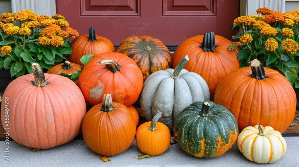 A vibrant collection of colorful pumpkins and flowers arranged on a doorstep, celebrating the autumn harvest season. A vibrant collection of colorful pumpkins and flowers arranged on a doorstep, celebrating the autumn harvest season.