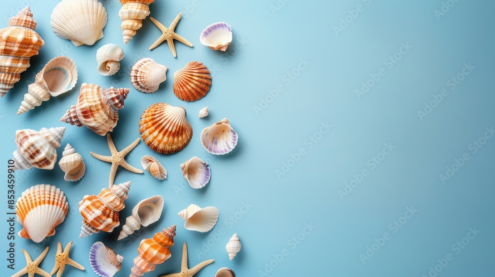 A collection of assorted seashells and starfish arranged on a light blue background, evoking a beach and ocean theme. A collection of assorted seashells and starfish arranged on a light blue background, evoking a beach and ocean theme.