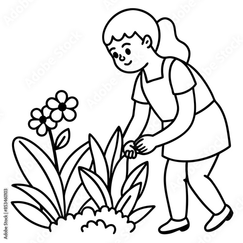 Cute Girl Planting in Line Art.