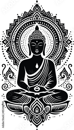 buddha in silhouete with bohemian nature pattern illustration