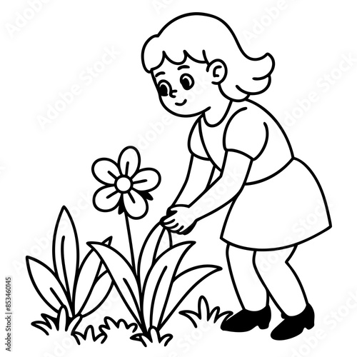 Cute Girl Planting in Line Art.