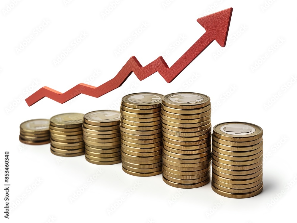 Stacked coins with a red upward arrow symbolizing financial growth, investment, and economic gain. Concept of savings and wealth increase.