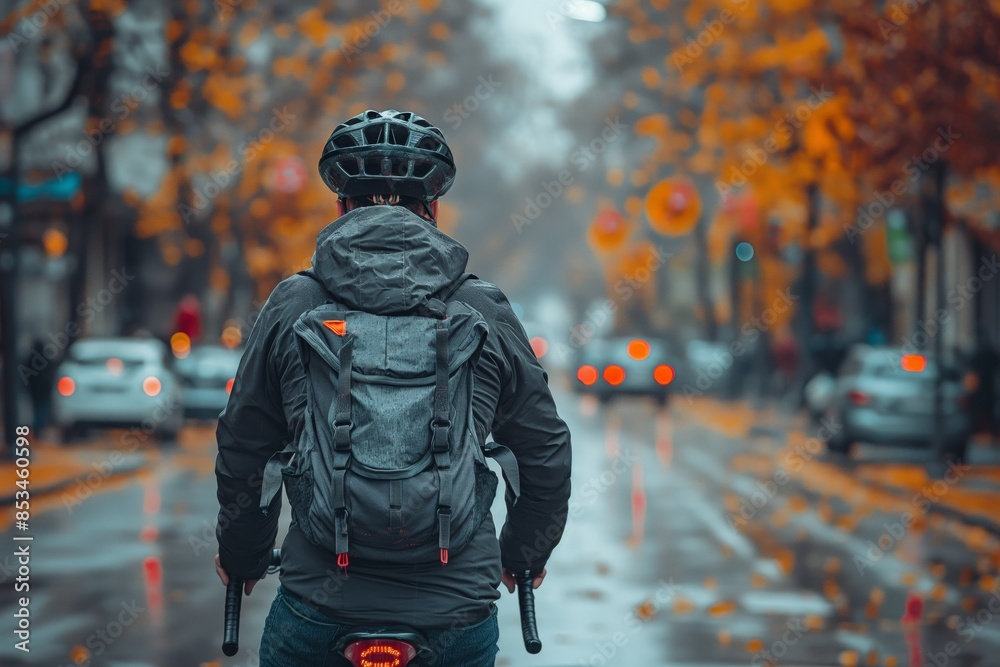 Cyclist seen from behind rides on a city street lined with autumnal trees and cars Cyclist seen from behind rides on a city street lined with autumnal trees and cars