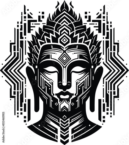 buddha silhouete with cyberpunk pattern illustration