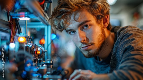 Focused Young Man Working on Complex Machinery in a Modern Industrial Setting