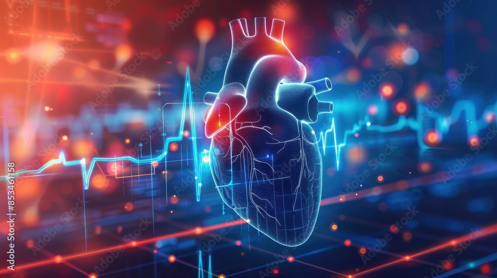 A digital representation of a human heart with a superimposed ECG line ...