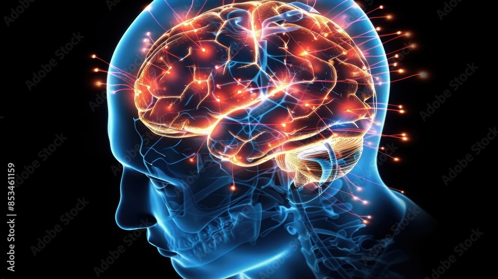 A striking digital artwork featuring a human head, with a glowing, active brain highlighting neural pathways, symbolizing cognitive function and brain activity, set against a dramatic dark backdrop.
A striking digital artwork featuring a human head, with a glowing, active brain highlighting neural pathways, symbolizing cognitive function and brain activity, set against a dramatic dark backdrop.