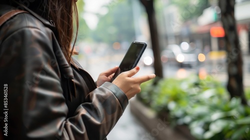 Woman in Leather Jacket Uses Smartphone on a Rainy City Street