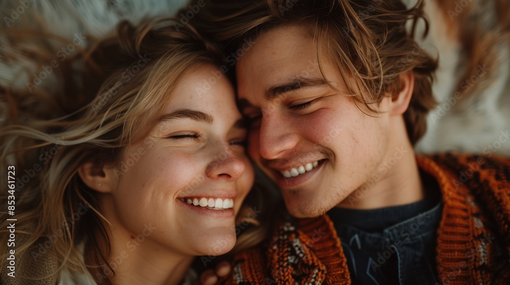 Fototapeta premium The joyful couple reclines, their faces beaming with joy as they gently touch foreheads, expressing deep affection in a serene and comfortable setting. 