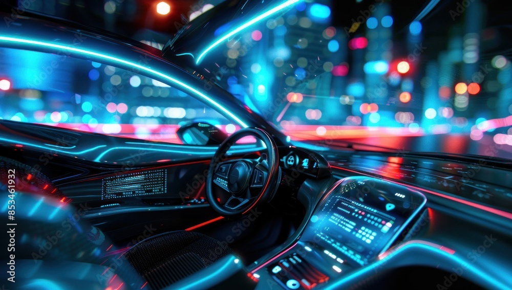 An advanced car interior with a digital display showing speed and location against a backdrop of city lights at night An advanced car interior with a digital display showing speed and location against a backdrop of city lights at night