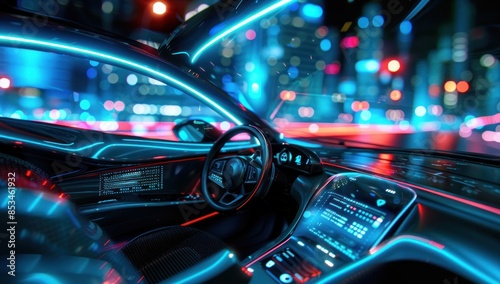 An advanced car interior with a digital display showing speed and location against a backdrop of city lights at night © zaen_studio