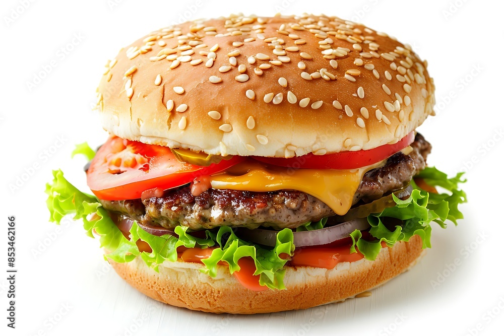 A cheese burger with lettuce and tomato on white background A cheese burger with lettuce and tomato on white background