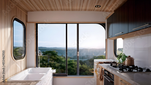 A bright tiny house with large windows, allowing for plenty of natural light and views of a beautiful, serene landscape photo