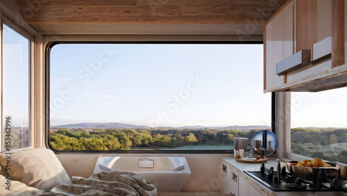 A bright tiny house with large windows, allowing for plenty of natural light and views of a beautiful, serene landscape photo