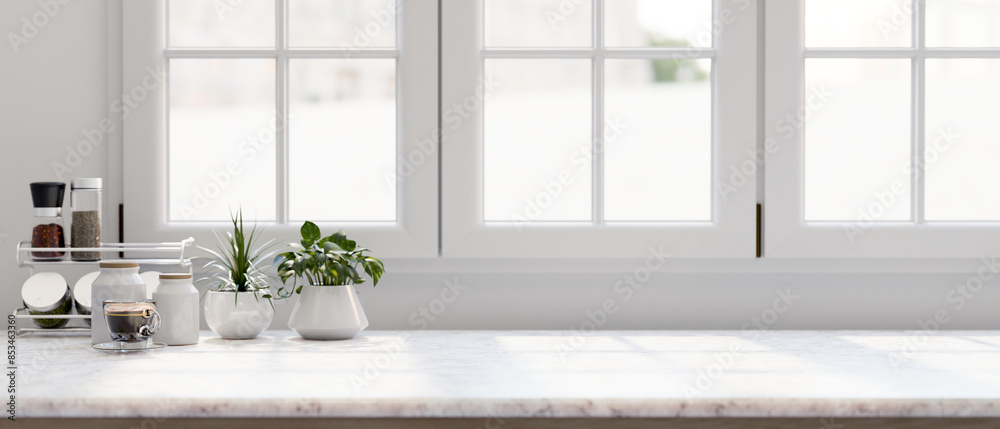 A white marble kitchen countertop features a coffee cup, decorative plants, and a seasoning shelf. A white marble kitchen countertop features a coffee cup, decorative plants, and a seasoning shelf.