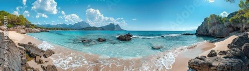 A breathtaking panoramic view of a serene beach with crystal-clear turquoise waters, rocky shoreline, and lush greenery under a bright blue sky.