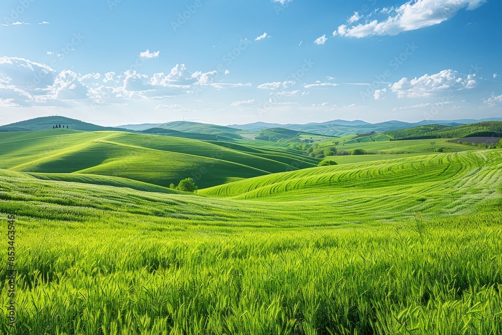 Beautiful rolling green hills under a clear blue sky with scattered white clouds, showcasing a serene and picturesque countryside landscape. Beautiful rolling green hills under a clear blue sky with scattered white clouds, showcasing a serene and picturesque countryside landscape.