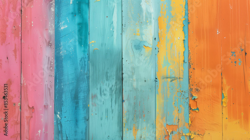 Rustic Textured Wall with Bold and Bright Color Washing Technique. Aged effect. Palette of blue, orange, pink, green, yellow, with subtle variations in hue and tonality. High-resolution. 