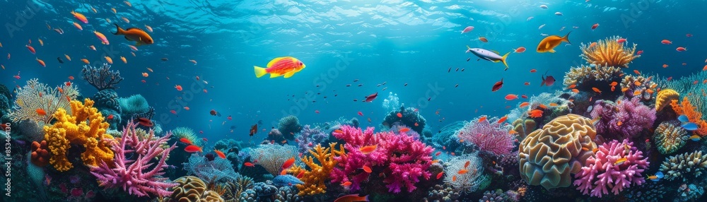 Fototapeta premium A stunning underwater scene featuring a vibrant coral reef teeming with colorful fish and diverse marine life in crystal clear blue waters.
