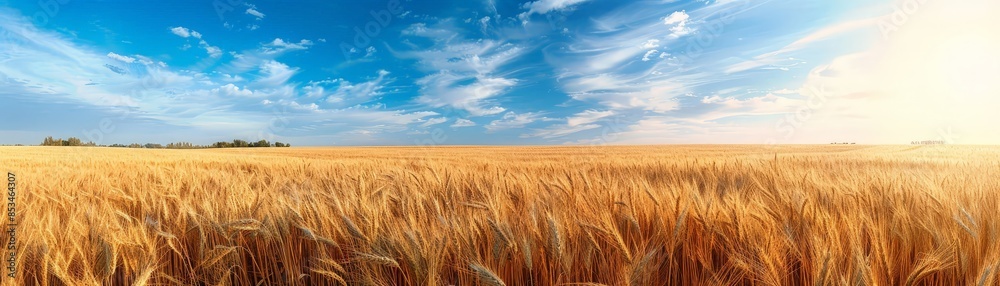 Panoramic view of a golden wheat field under a clear blue sky with scenic clouds and sunlight, capturing the beauty of the countryside. Panoramic view of a golden wheat field under a clear blue sky with scenic clouds and sunlight, capturing the beauty of the countryside.