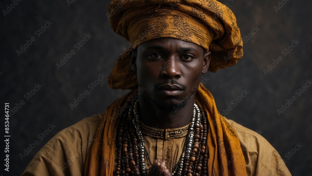 African man in national clothes and traditional headdress Gele from Nigeria is praying before the gray wall. African man in national clothes and traditional headdress Gele from Nigeria is praying before the gray wall.