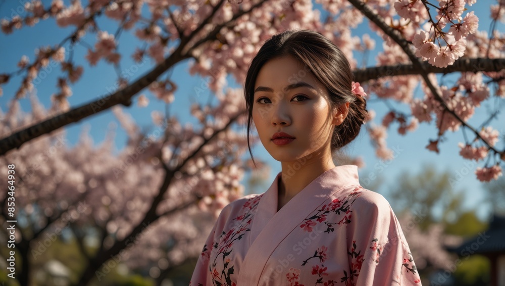 Beautiful Asian girl in gorgeous pink kimono under the breathtaking canopy of a blossoming Sakura cherry tree in beautiful spring day, with copy space.