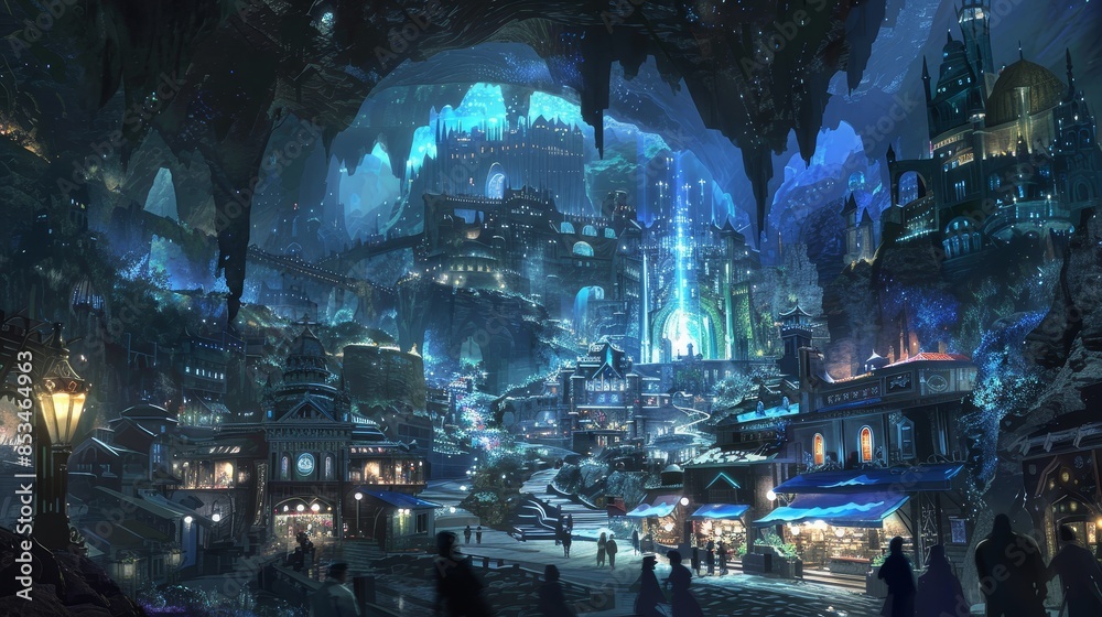 Fototapeta premium Lively fantasy city in an underground cave - This digital artwork depicts a bustling fantasy city within a cave, alive with vibrant lights and activity