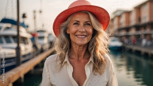 Cheerful Mature Woman Posing Holding Hat At Marina Dock Outdoor. photo