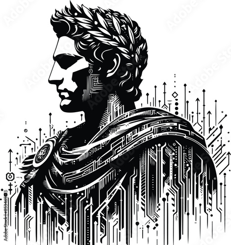 caesar silhouete with cyberpunk pattern illustration