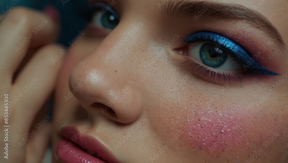 Naklejka premium Colorful eye makeup Amazing Bright eye makeup in luxurious blue shades Pink and blue color, colored eyeshadow.