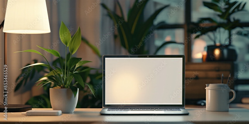 Laptop with blank screen on a desk with plants and lamp in a sunlit room. Modern workspace with natural light and greenery. Laptop with blank screen on a desk with plants and lamp in a sunlit room. Modern workspace with natural light and greenery.