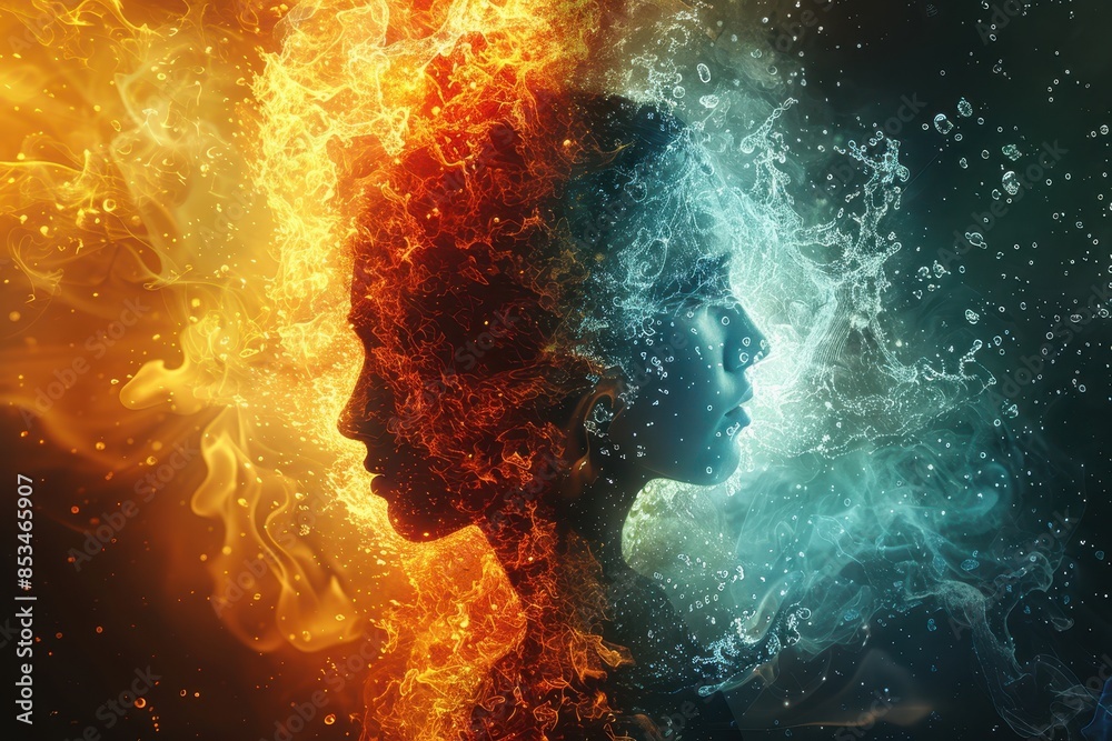 Duality of Fire and Water: Abstract Silhouette Art Depicting the Balance of Opposing Elements in a Vibrant Digital Illustration Duality of Fire and Water: Abstract Silhouette Art Depicting the Balance of Opposing Elements in a Vibrant Digital Illustration