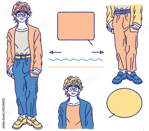 若い男性の立ちポーズのカラーイラストです。　吹き出しや線の素材イラストもあります。
