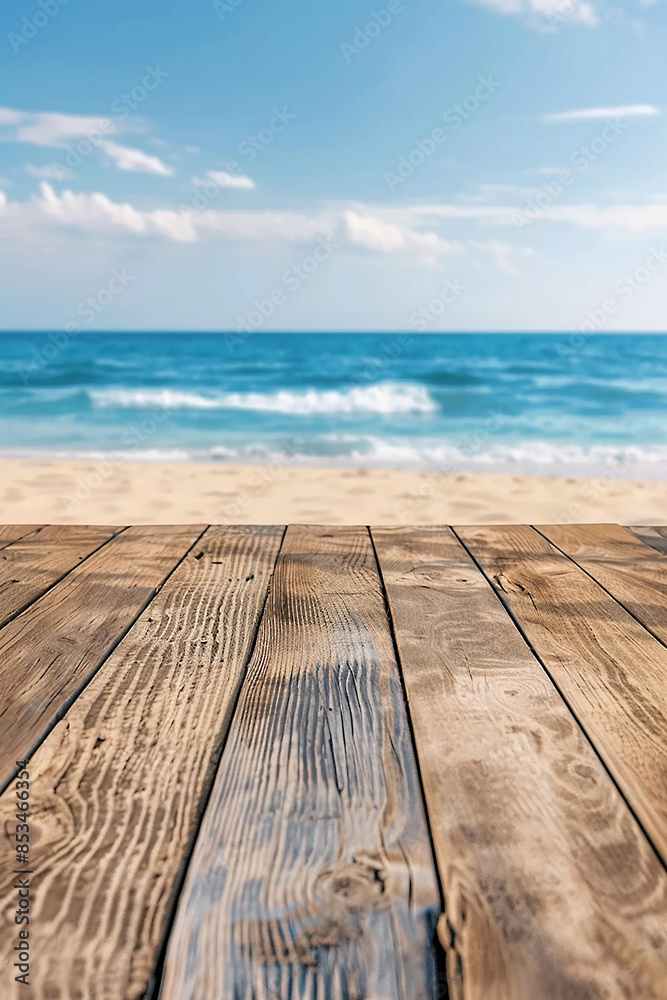 Obraz premium Natural wood flooring with a blurred coastal beach and sea background, great for product displays,