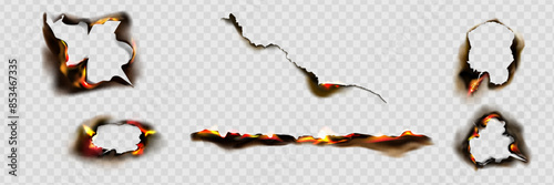 Burnt paper edges with fire and black ash. Vector realistic set of borders and frames from burnt and smoldering sheets of paper